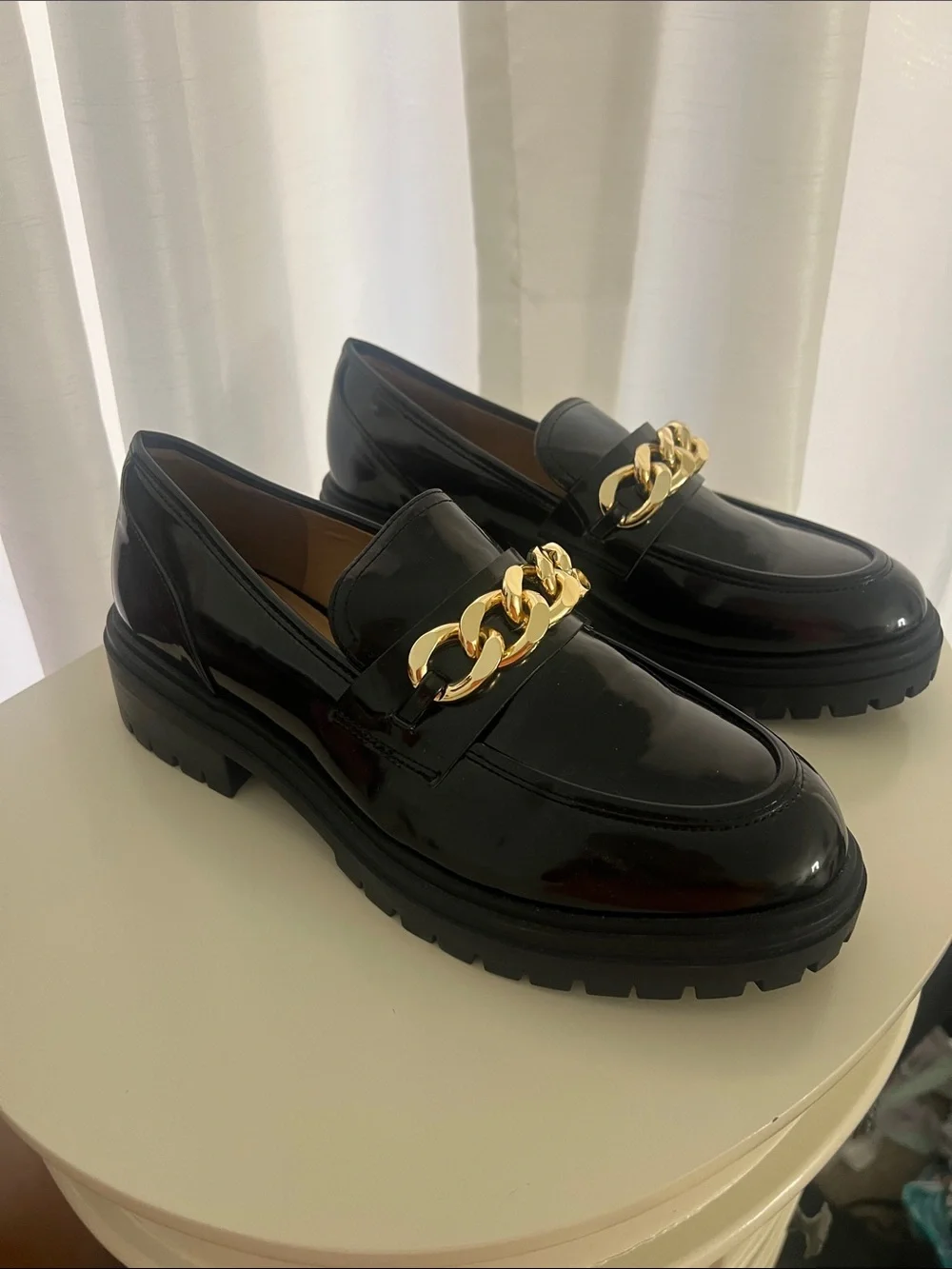 INC International Concepts Black Patent Loafers with Gold Chain